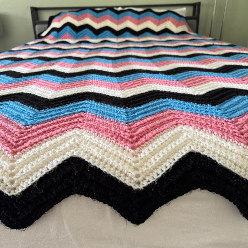 Handmade Crochet Afghan Blanket Chevron Ripple Pink Blue Black 80x132 Throw XL